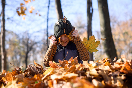 Boy playing in colorful autumn park under golden maple treesの写真素材
