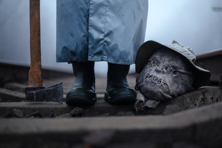 Creepy person with axe and severed head of scarecrow