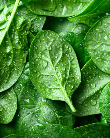 Extreme close up of bright green baby spinach leaves with water droplets