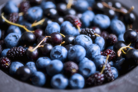 Macro view of blueberries and mulberries filling the frame