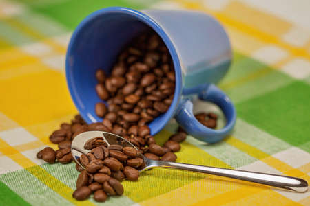 coffee beans with spoon on a colourful backgroundの写真素材