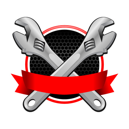 Double Wrench Cross Garage Emblem With Red Colored Ribbon Vector Object Graphic Illustration Designのイラスト素材