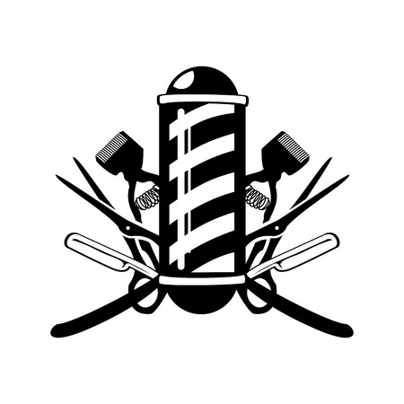Barber's Pole with Scissor, Razor And Old Clippers Emblem Symbol Vector Graphic Badge Designのイラスト素材