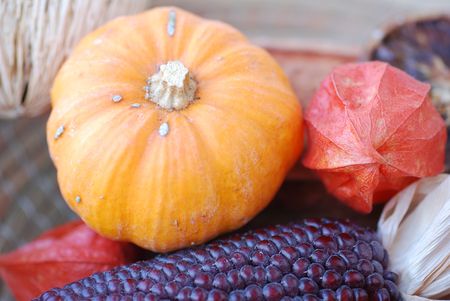 Pumpkin and other autumn things composition. Fall and autumnal concept.