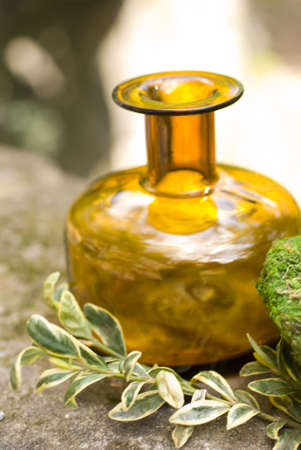 Decorative bottle with  rock covered with moss and other natural decorative elementsの写真素材