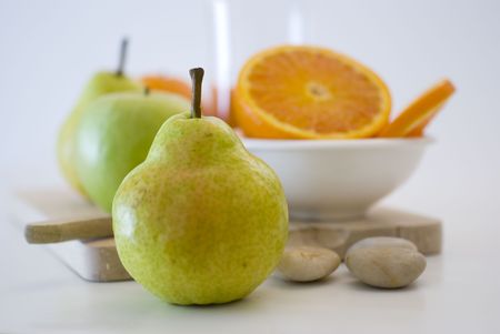 Pear and other fruits, close-up, fruit white background. Breakfast conceptの写真素材
