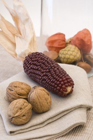 colors of autumn, composition with fruit and towels