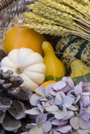 Wicker basket with autumn fruit and vegetables, isolated