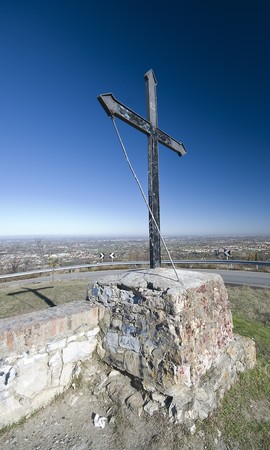 Mettalic christian cross and blue skyの写真素材