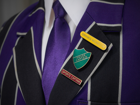 Striped School boys blazer with three school badgesの写真素材