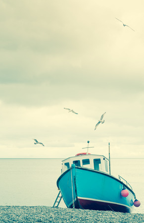 Fishing Boats on beach with seagullsの写真素材