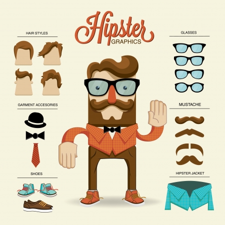 Hipster character, vector illustration with hipster elements and iconsのイラスト素材