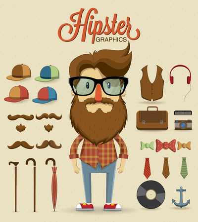Hipster character design with hipster elements and icons illustrationのイラスト素材