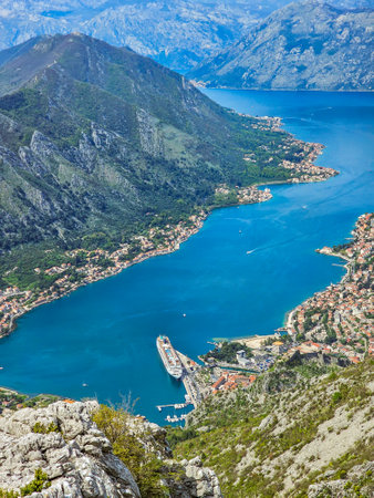 Aerial view of Kotor bay and Adriatic sea, Montenegroの写真素材