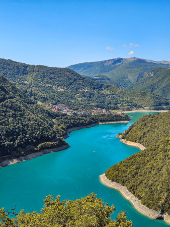 Scenic view of Piva Lake mountainsの写真素材