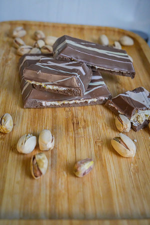 Vertical View of Chocolate Bar with Pistachios