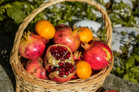 Side view of basket with pomegranates, one cut openの写真素材