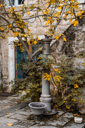 Old drinking fountain in the Old Town of Budva under an autumn tree.の写真素材