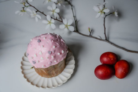 Easter Cake and Eggs with Almond Blossom, Top View