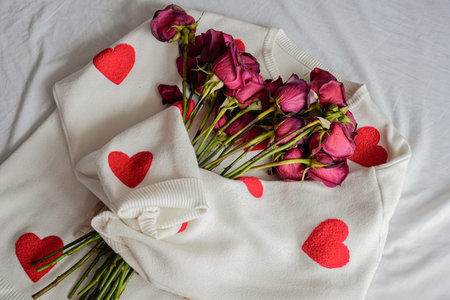 Side View White Sweater Hugging Bouquetの写真素材