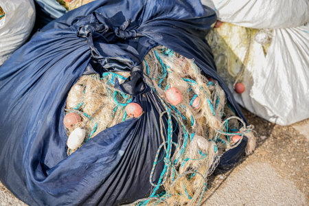 Top View of Fishing Nets in Storage Bagsの写真素材