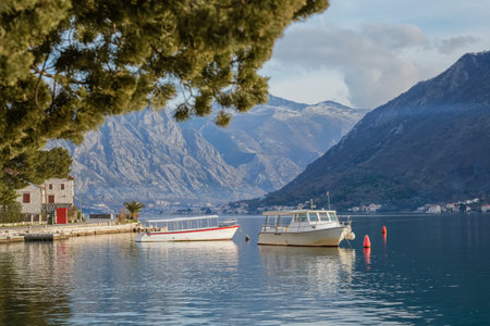 View of Bay of Kotor Montenegro with Two Boats in Perast