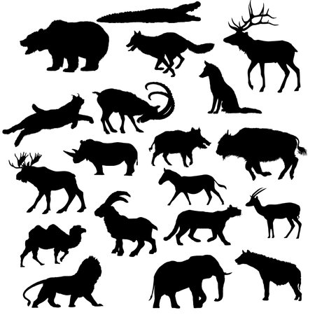 Set of silhouette cartoon isolated Savannah African American forest animals.のイラスト素材