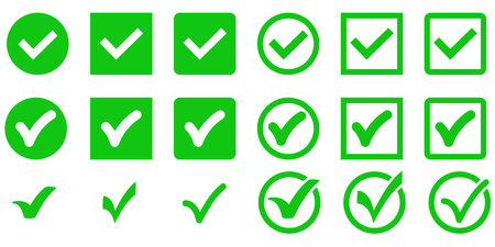 Green check mark icon set. Circle and square. Tick symbol in green color, vector illustration.のイラスト素材