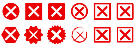 Red cross icon set. Circle and square flat buttons. Vector illustration