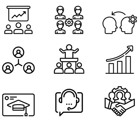 Set of 9 line icons related to training, coaching, mentoring, education, meeting, conference, teamworkのイラスト素材