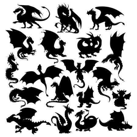 Set of dragon silhouettes isolated on white backgroundのイラスト素材