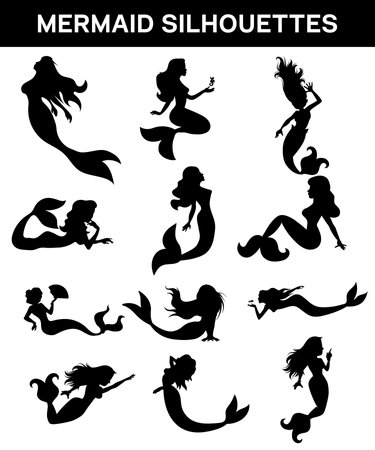 Set of  mermaid silhouettes, Black collection vector illustrationのイラスト素材