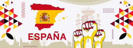 Map of Spain with typography red yellow color theme. Espana or Espania with abstract retro modern geometric design.のイラスト素材