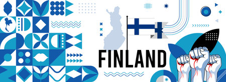 Finland national or independence day banner design for country celebration. Flag and map of Finland with raised fists. Modern retro design with abstract geometric icons.のイラスト素材