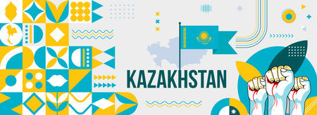 Kazakhstan national or independence day banner design for country celebration. Flag and map of Kazakhstan with raised fists. Modern retro design with abstract geometric iconsのイラスト素材