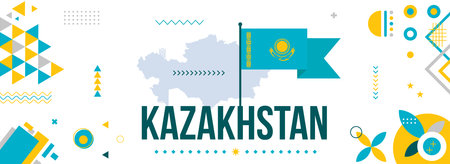 Kazakhstan national or independence day banner design for country celebration. Flag and map of Kazakhstan with  modern retro design and abstract geometric icons. Vector illustratioのイラスト素材