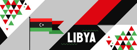 Libya national or independence day banner design for country celebration. Flag of Libya with modern retro design and abstract geometric icons. Vector illustration.のイラスト素材