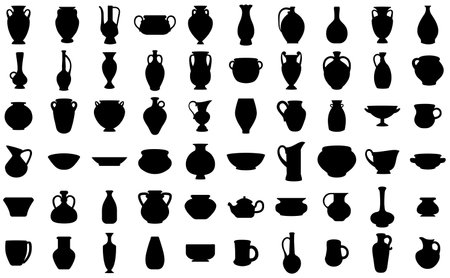 Set of pottery and vases silhouettes , Black pot isolated vector illustrations on white backgroundのイラスト素材