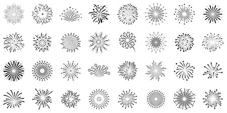 Set of firework icons. Fireworks with stars and sparks vector silhouettes isolated on white background.のイラスト素材