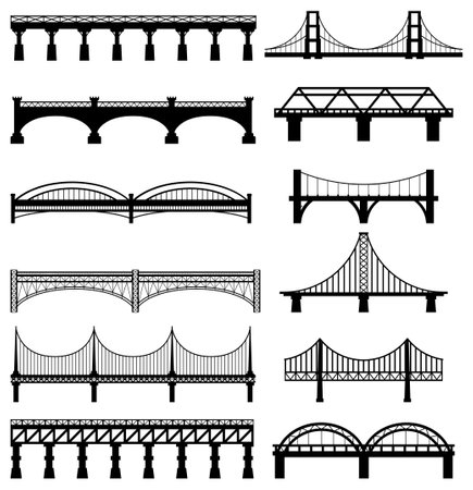 Set of different bridges silhouettes. Isolated on white background. Black and white. Vector illustration.のイラスト素材