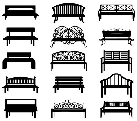 Set of black benches silhouettes, vector illustration isolated on white backgroundのイラスト素材