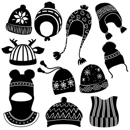 Winter hats black silhouette, vector illustration isolated on white backgroundのイラスト素材