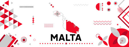 Malta national or independence day banner for country celebration. Flag and map of Malta with modern retro design with typography abstract geometric icons. Vector illustration.のイラスト素材