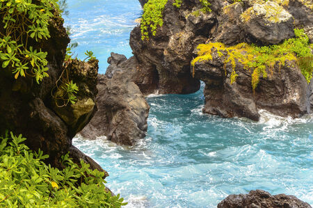 The volcanic roack contrasts the lush geen and blue water on the Maui east coast near Hanaの写真素材