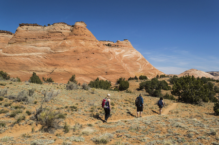 3 young adult hikers on a trail among the sandstone cliffs  in Grand Staircase Escalante National Monument, Utah, USAの写真素材