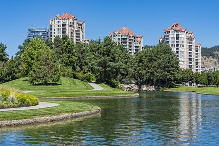 Kelowna Downtown Waterfront on Okanagan Lake Kelowna British Columbia Canada on a summer dayの写真素材