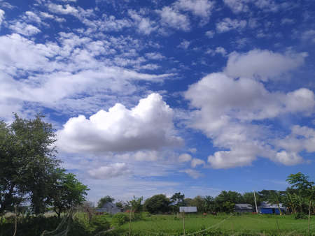 clouds in the blue sky over the rice fields in the countrysideの写真素材