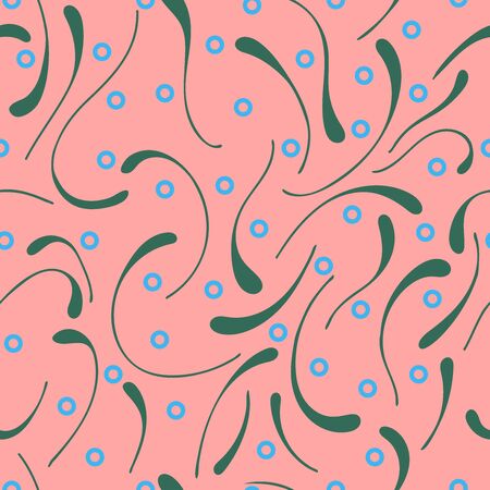 Drawing with blue circles, smooth green lines, pink background. For fabric, background, illustration.のイラスト素材