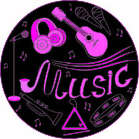 Musical instruments. Black background and pink shapes.のイラスト素材