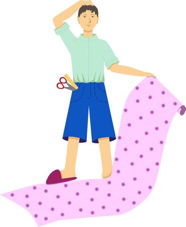 Man glues wallpaper but does not know how to do it.のイラスト素材